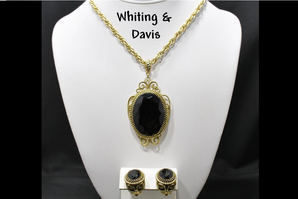 Whiting & Davis Victorian Black Gold Pendant Necklace Set, Clip Earrings, 1960s